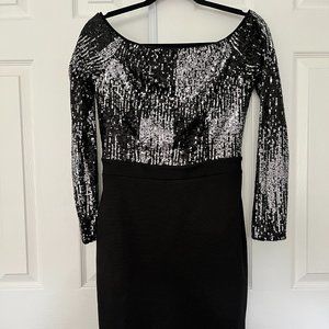 Venus Black/Silver Sequin Long Sleeve Dress - Knee Length - Size M